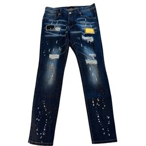 Philipp Plein Straight Cut Illegal Fight Club Jeans Distressed Beluga Blue (M6)